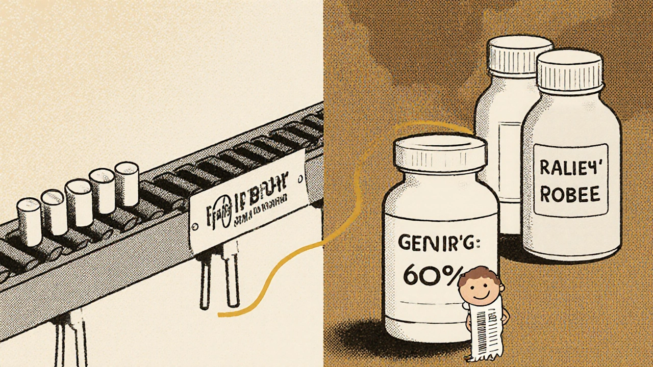 Factory production line transitioning into plain generic packaging, connected by a thread labeled &#039;Same Batch, Same Formula&#039;.