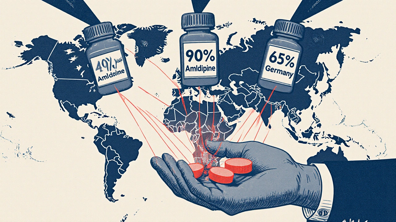 Global map showing drug price drops from China, India, and Germany, with a broken pill under government pressure