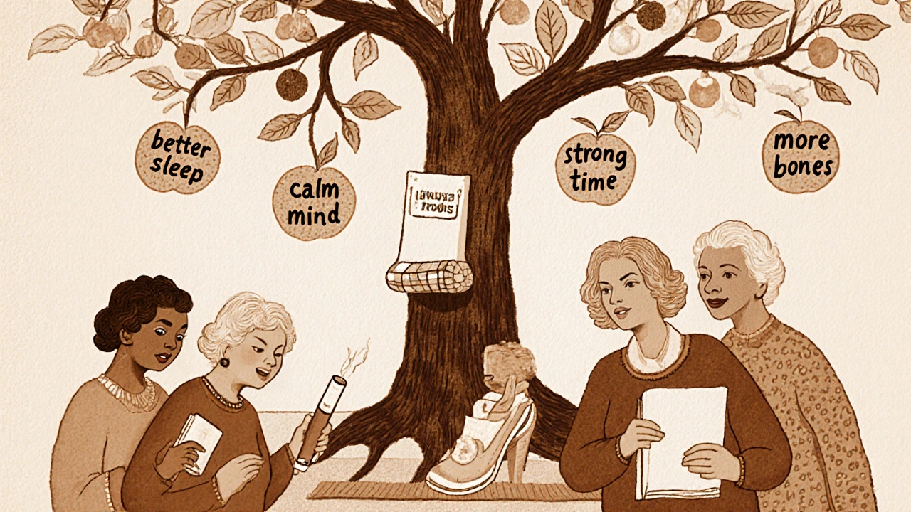 Group of women over 50 using quit-smoking tools under a tree growing from a cigarette, representing health renewal.