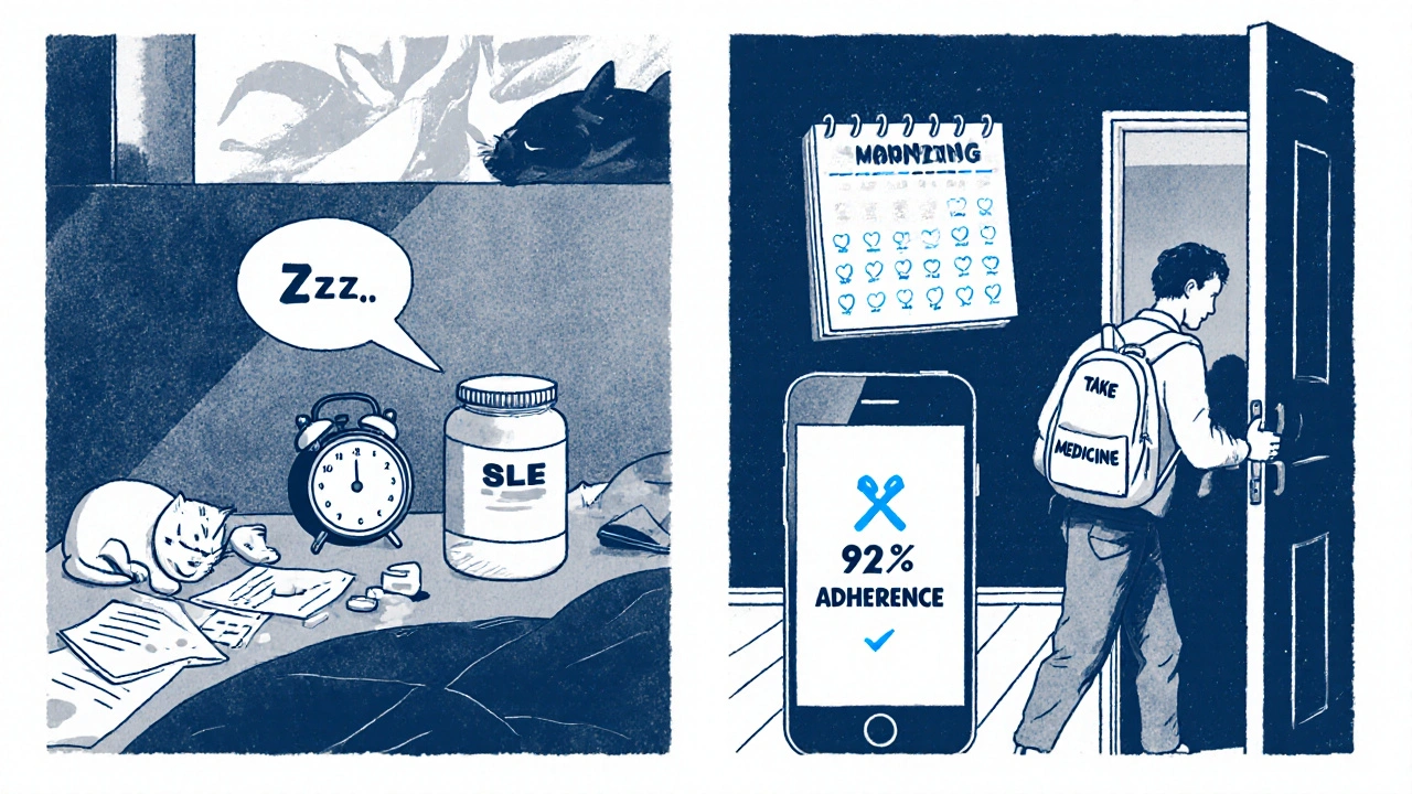 Nightstand with forgotten pill vs morning counter with phone reminder and checkmarked calendar