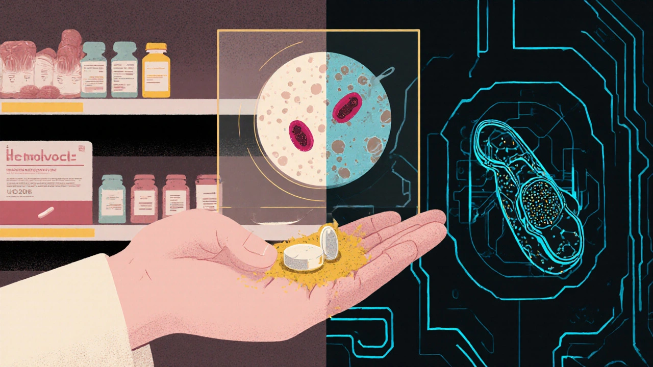 Patient holding crumbling pills, with microscopic view of uneven granules and blocked blood vessel.