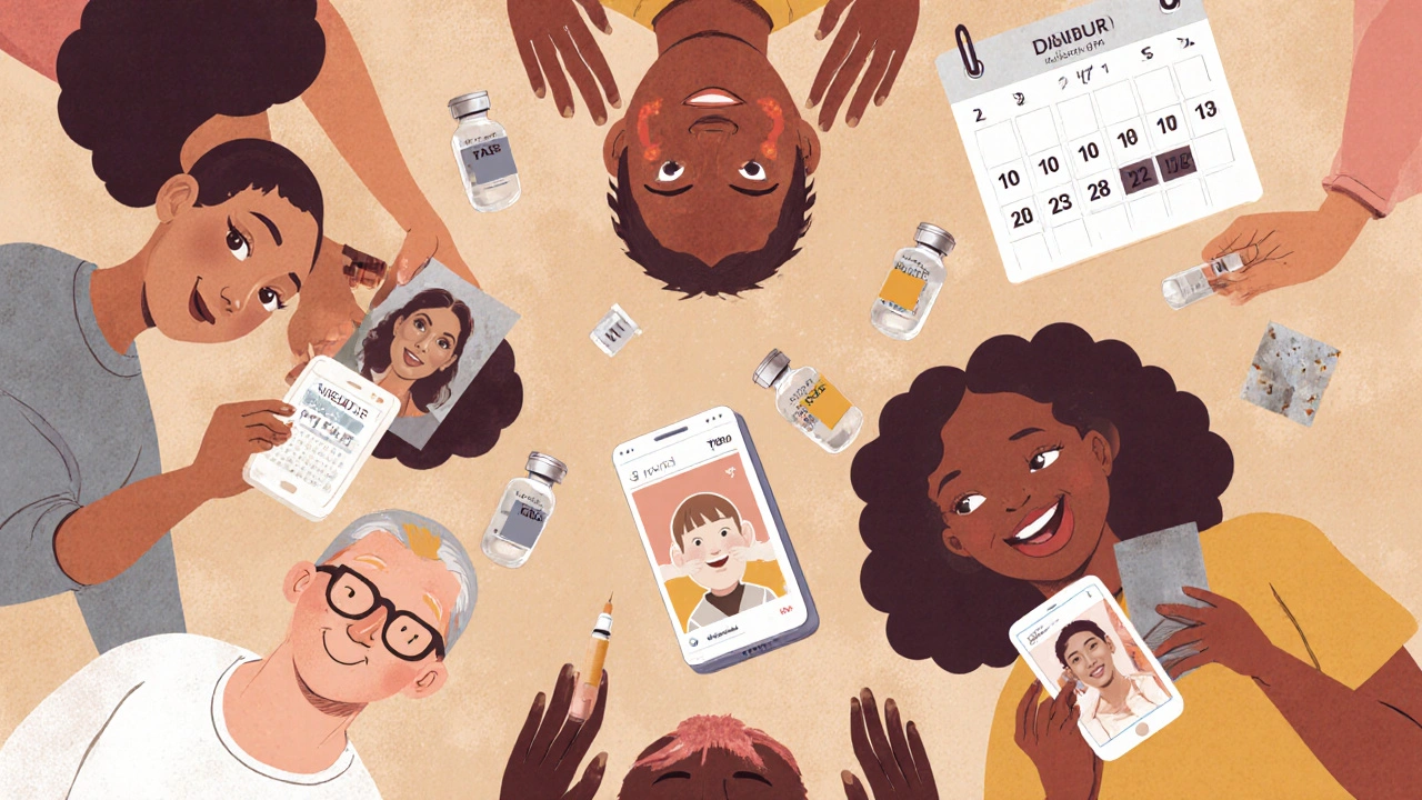 Patients in support circle with medical tools and app