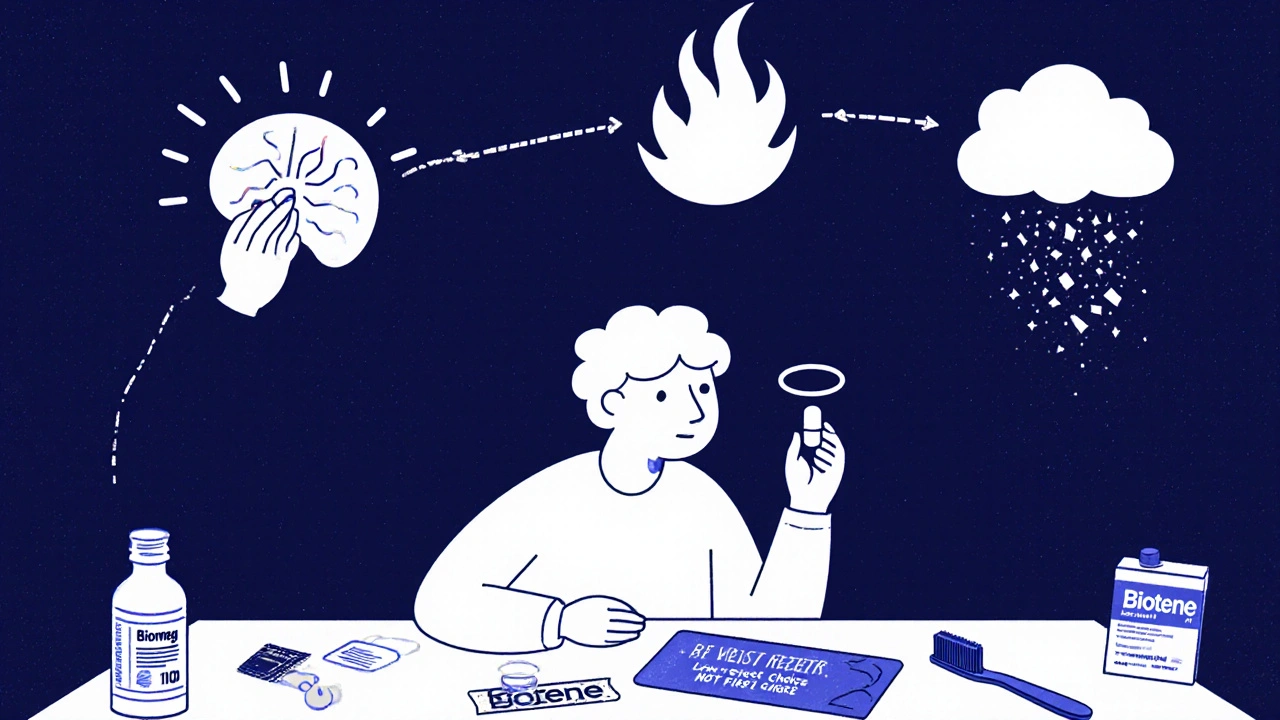 Person at night taking low-dose TCA, pain icons breaking apart, with Biotene and toothbrush nearby.