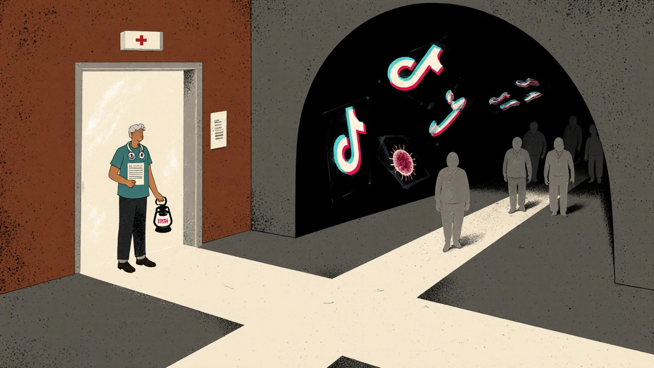 Person choosing between safe medical care and a dark tunnel of false social media cures.