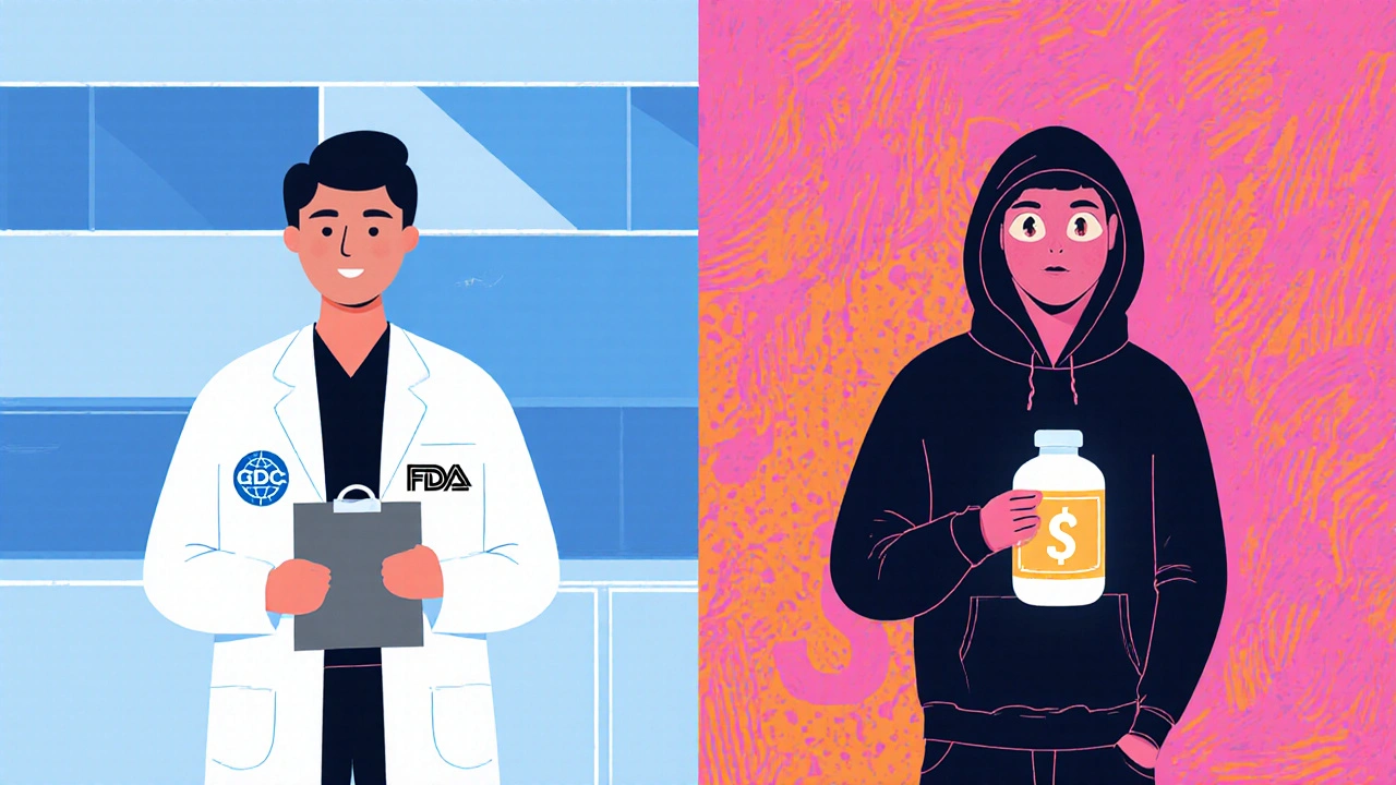 Pharmacist beside deceptive influencer, contrasting calm truth with chaotic misinformation.