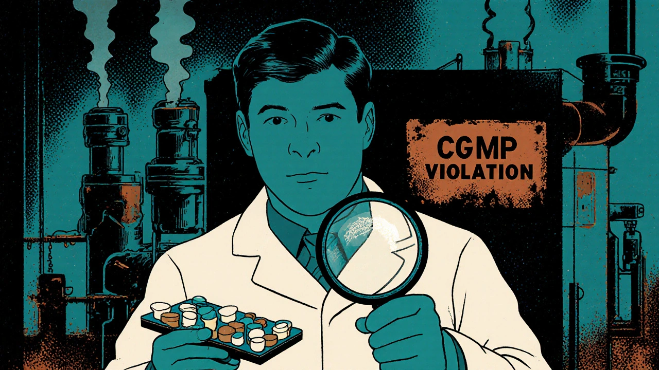 Pharmacist examining misshapen pills under magnification, with an old factory in the background.