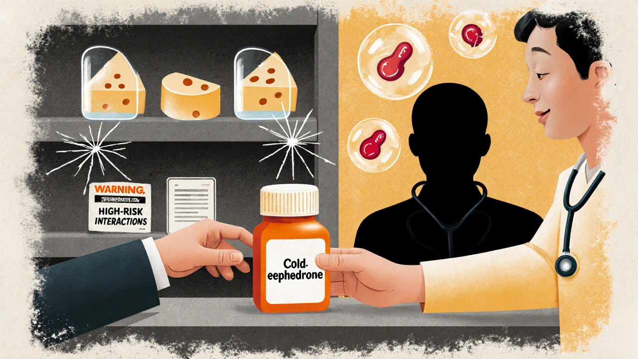 Pharmacy scene with cold medicine and ignored warning labels about drug interactions.