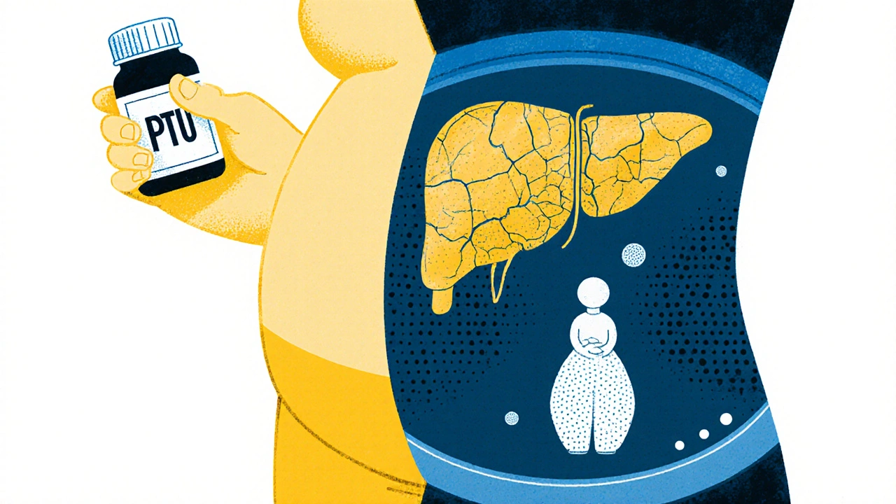 Pregnant woman holding PTU pill, with split-body showing healthy thyroid and stressed liver in vintage print style.