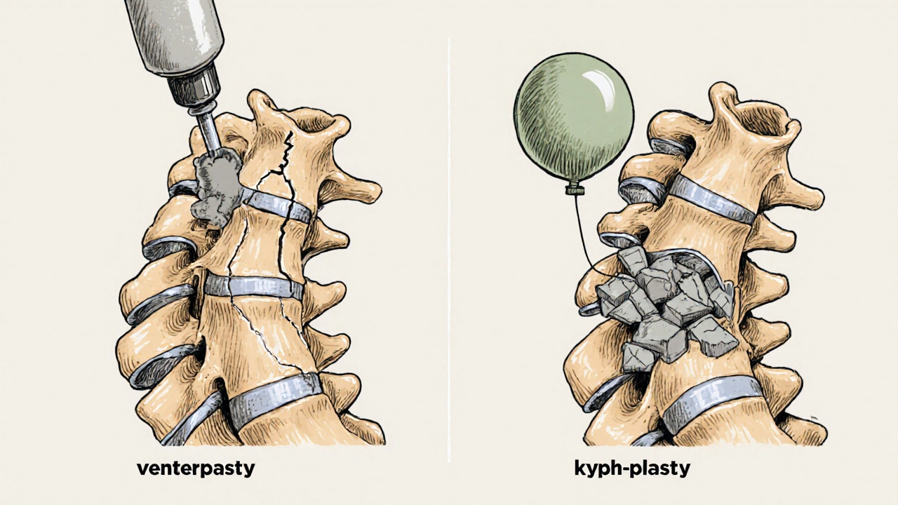 Side-by-side comparison of vertebroplasty and kyphoplasty procedures on a spine