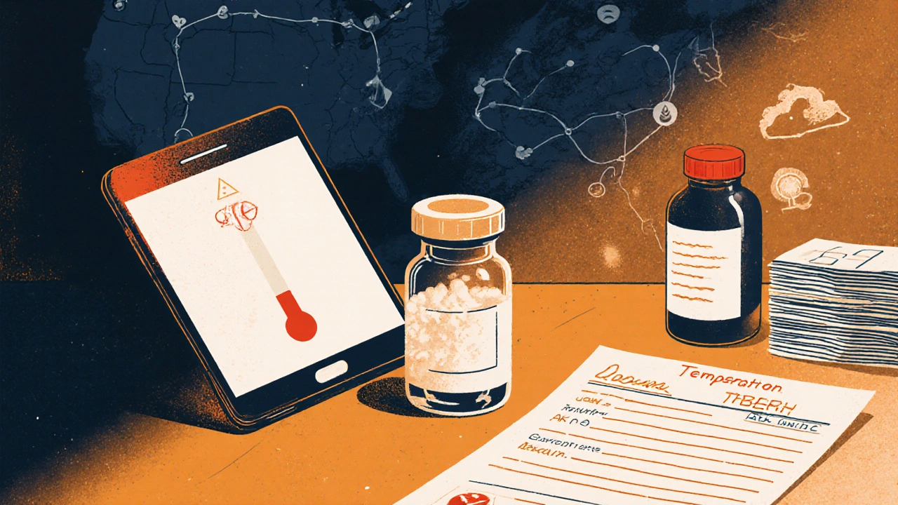 Smartphone alert shows dangerous temperature, cloudy insulin vial next to prescription and temperature log.