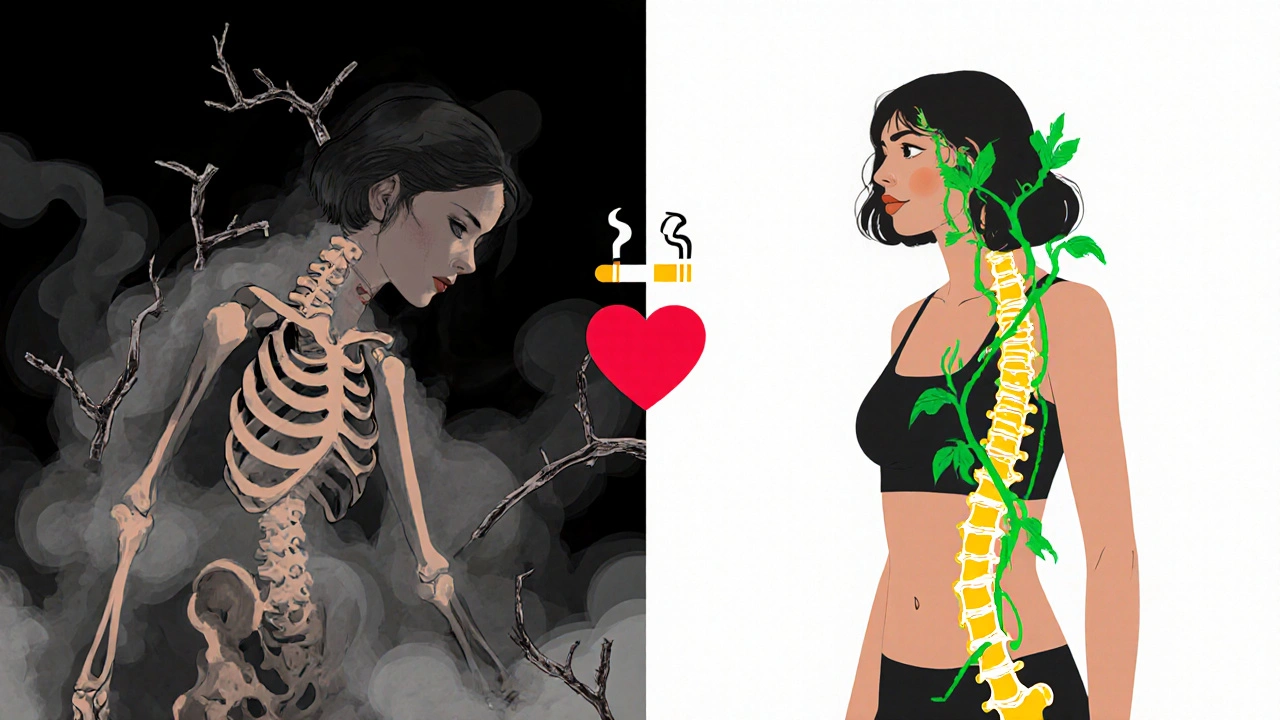 Split image: left shows smoking-related bone and heart damage, right shows healing with glowing bones and strong heart.