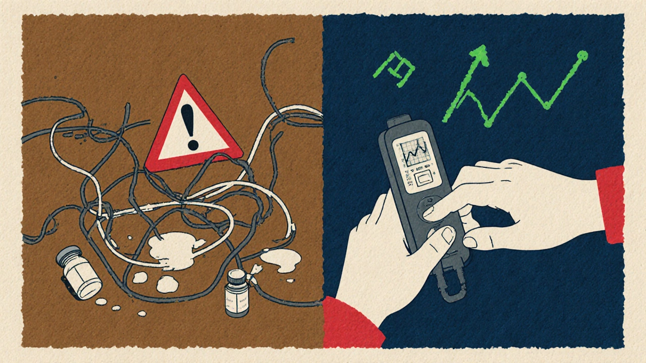 Split image: one side shows a malfunctioning device, the other shows calm adaptation with a successful insulin adjustment.
