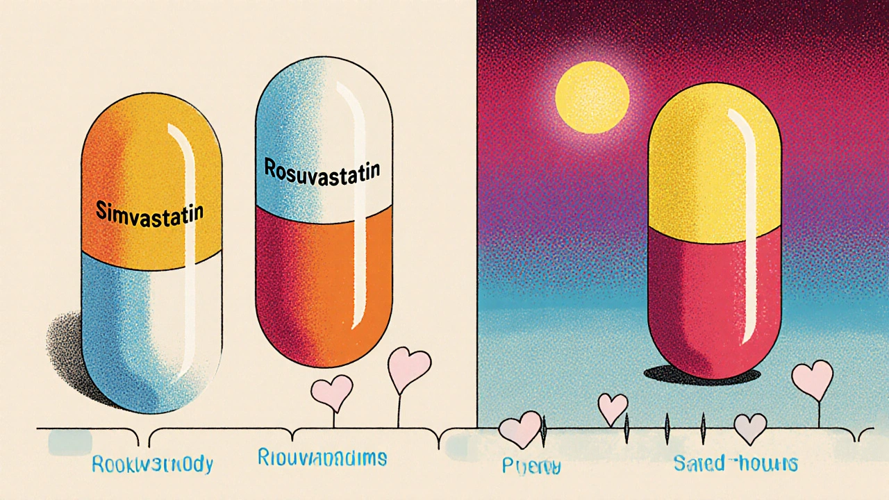 Timeline showing old short-acting statins fading vs modern long-acting statins glowing all day