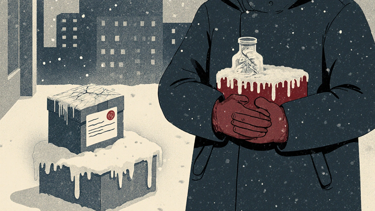 Traveler carrying medication close to body in winter, while a frozen delivery box sits on a snowy porch.