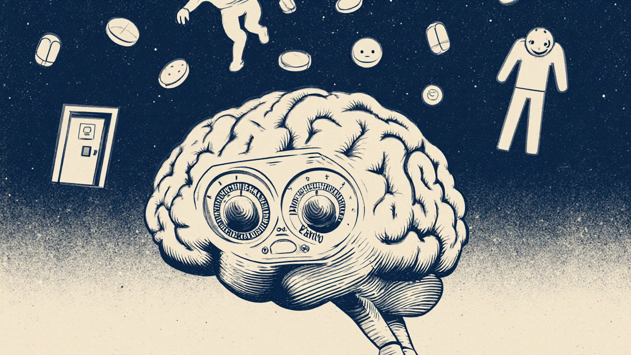 Vintage radio brain being overwhelmed by falling pills, symbolizing cognitive side effects in older adults.