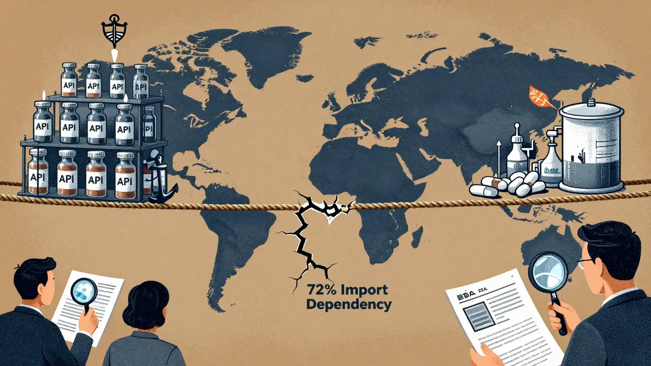 A fragile supply chain rope bridge connecting Chinese API production to Indian drug formulation, with a critical broken link.