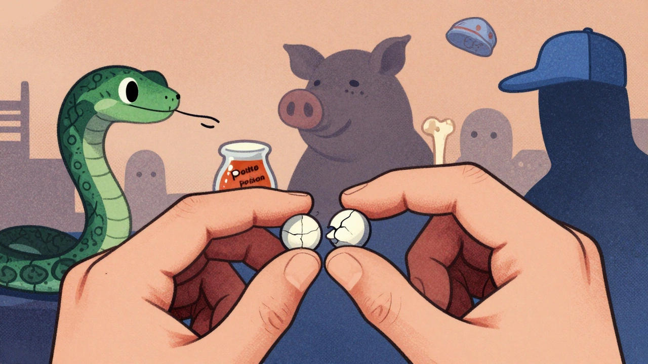 A hand holds a cracked generic pill revealing the same active ingredient as the brand, while cultural fears like a green serpent and pork bone loom in the background.