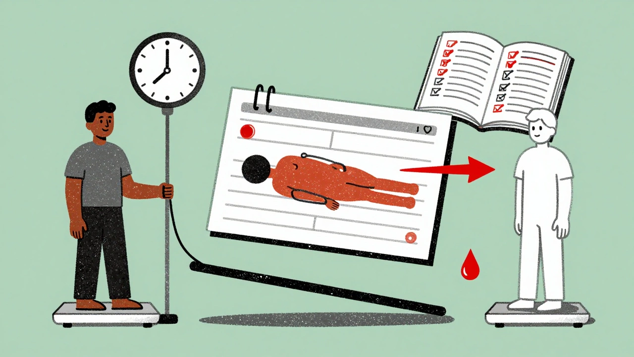 A medical chart with arrows to a dialysis machine, a journal of symptoms, and two figures on a blood-weighted scale.