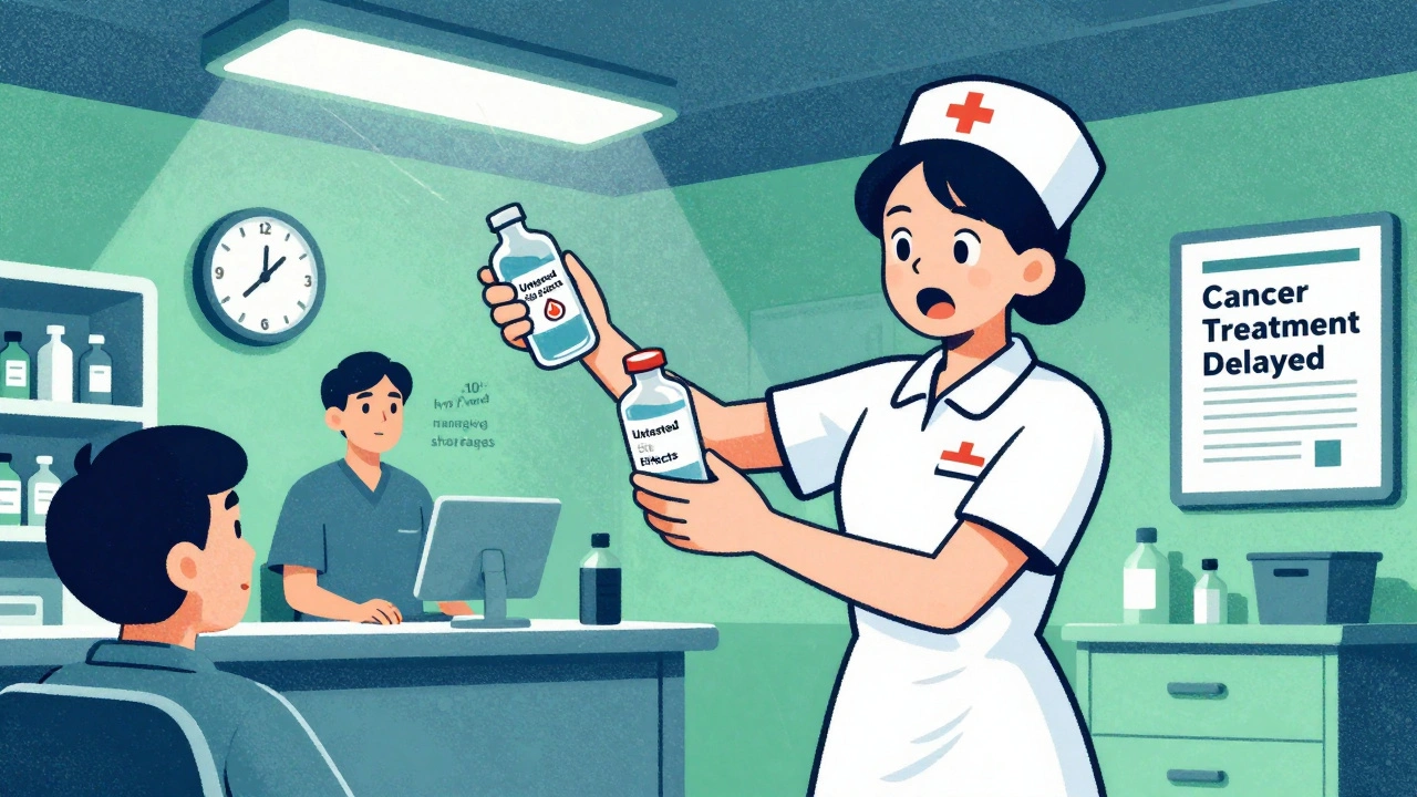 A nurse swapping saline vials in a dim ER, pharmacist clocking long hours managing drug shortages.