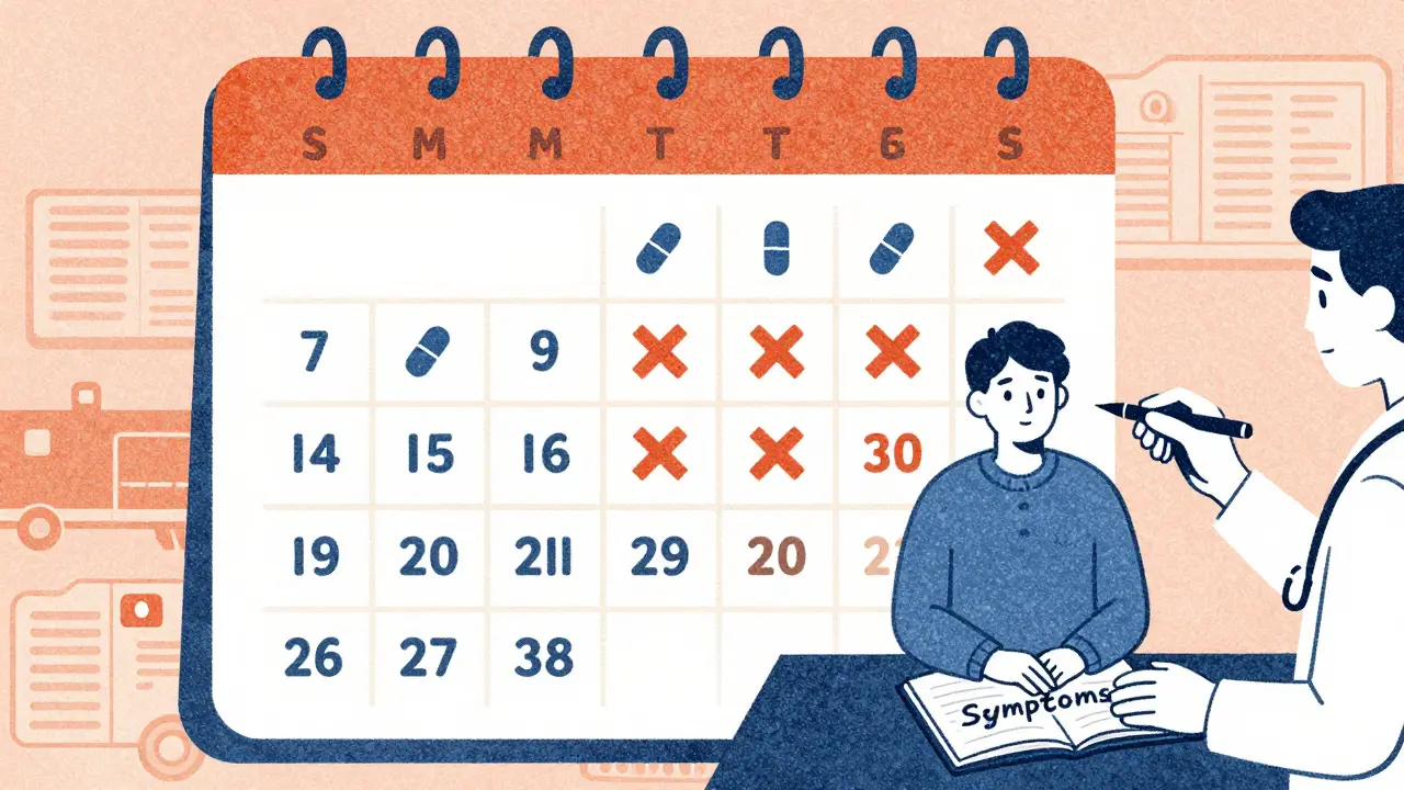 A patient’s calendar with daily pills, every 30th day marked with an X as the pill changes, next to a symptom notebook.
