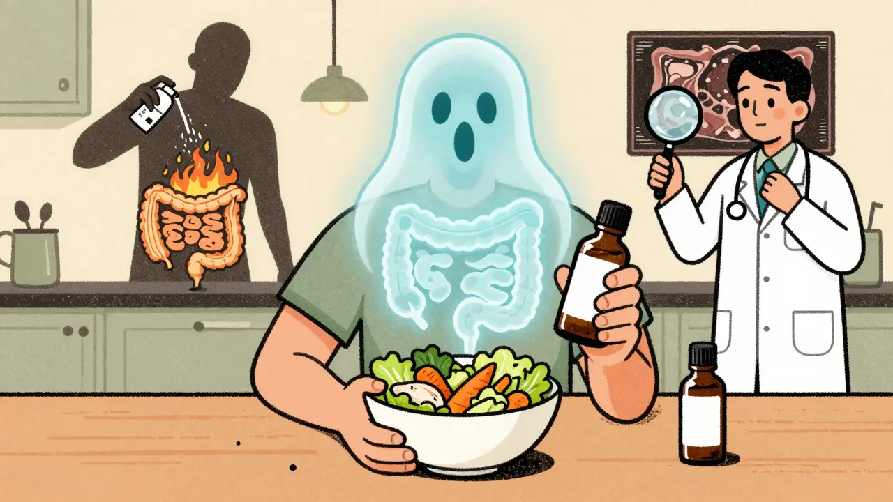 A person eating a safe meal while a ghostly gut calms, with IBD treatment symbolized by a medicinal spray.
