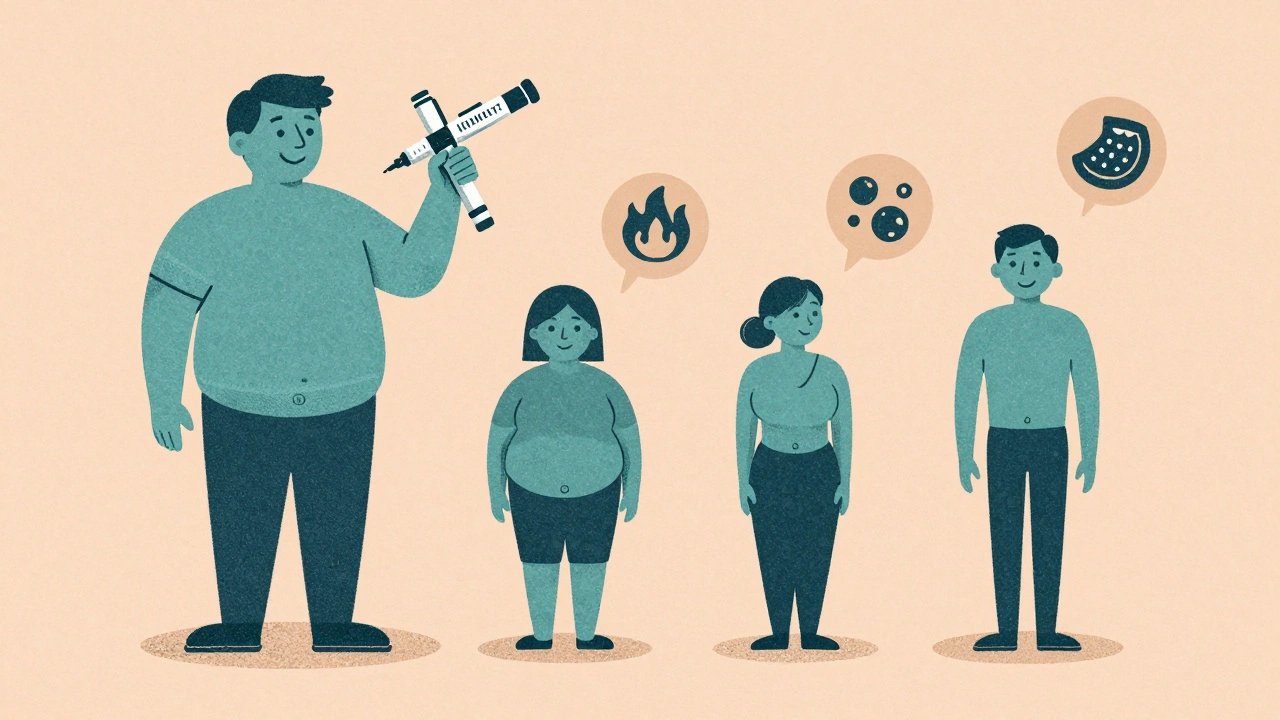 A person using a weekly injection pen as their body gradually becomes leaner with metabolic icons around them.