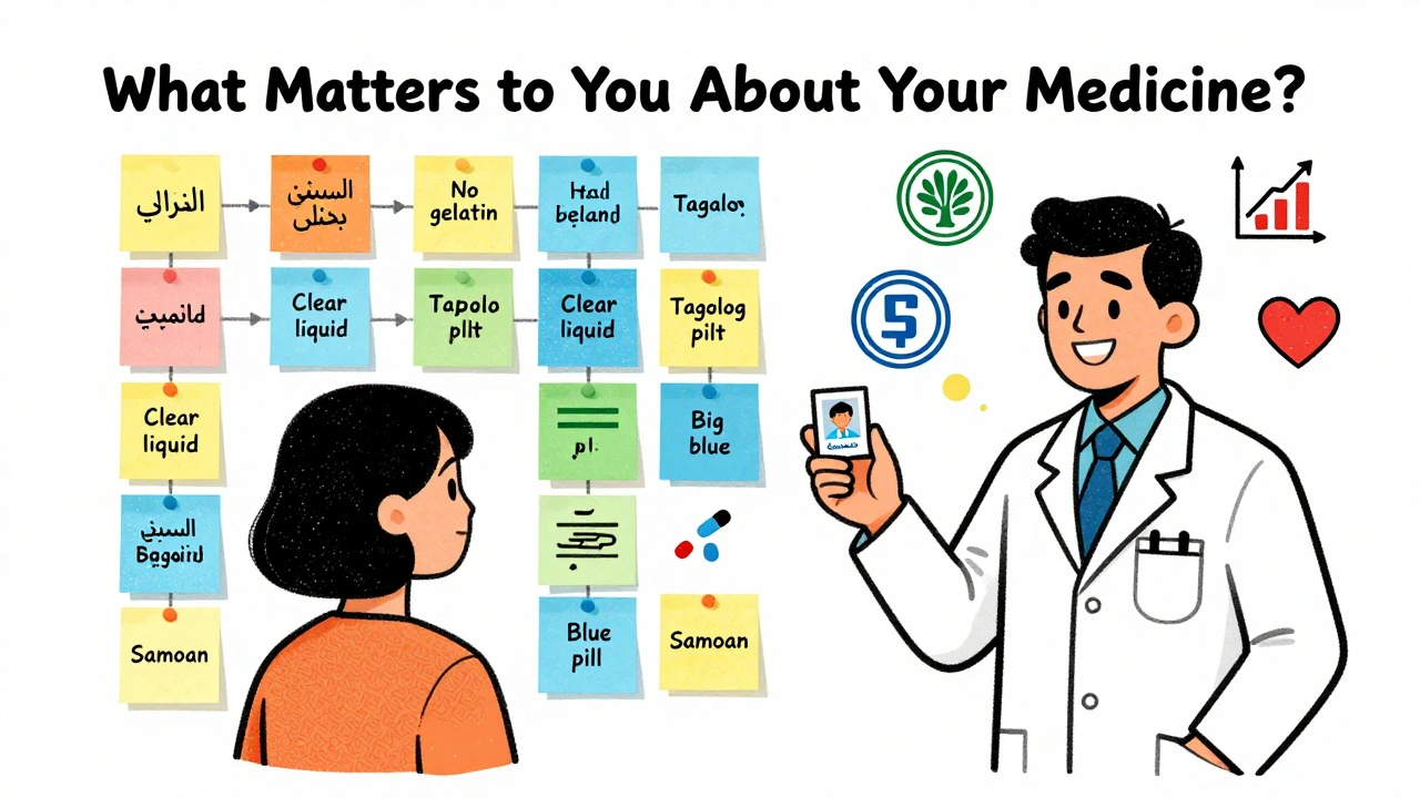 A pharmacy wall displays multilingual sticky notes about medication preferences, with a pharmacist handing a patient a photo card of their preferred pill.