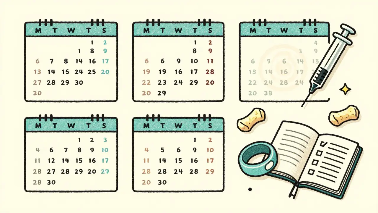 A six-week dosing calendar with ginger chews, wristbands, and a journal surrounding a syringe.