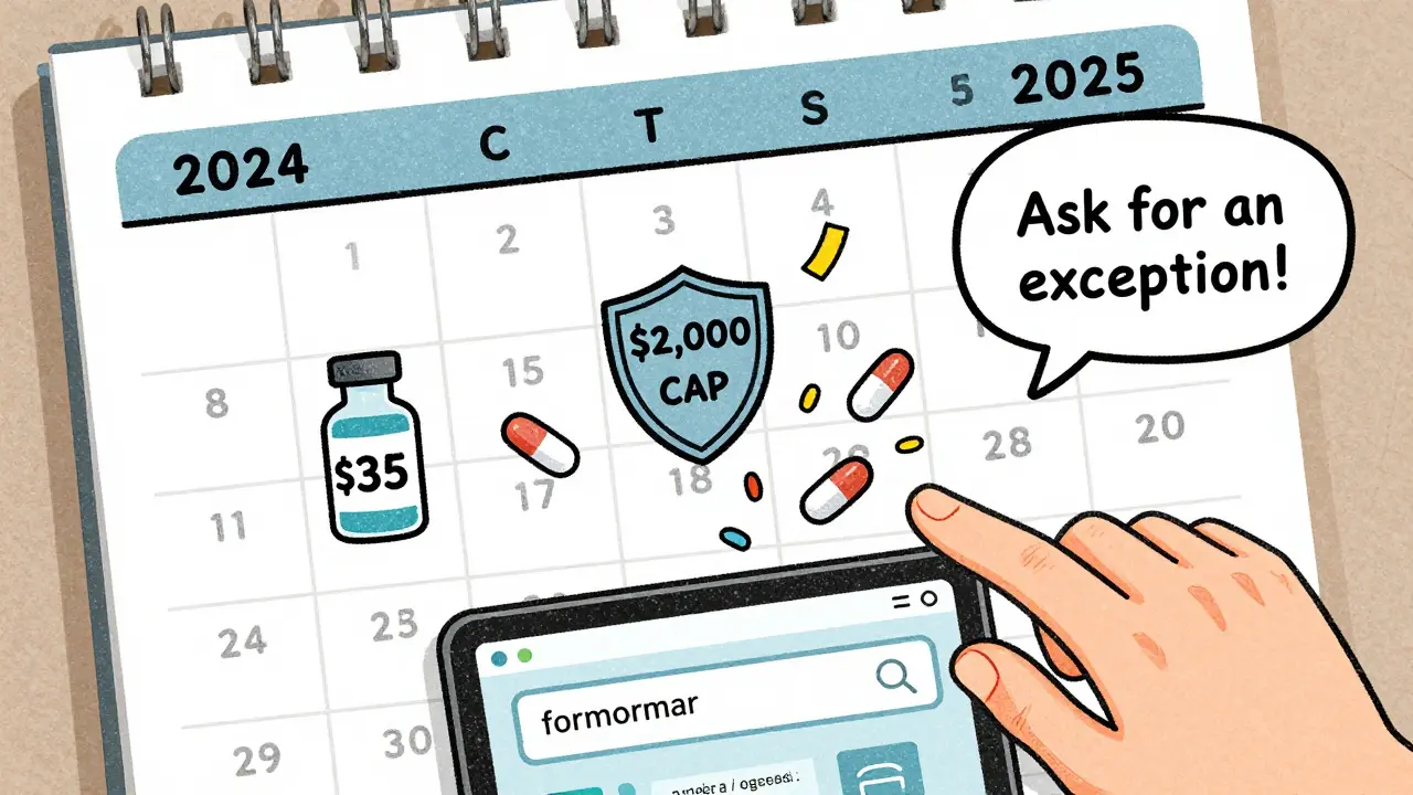 Calendar showing 2025 drug cost caps and biosimilar pills falling