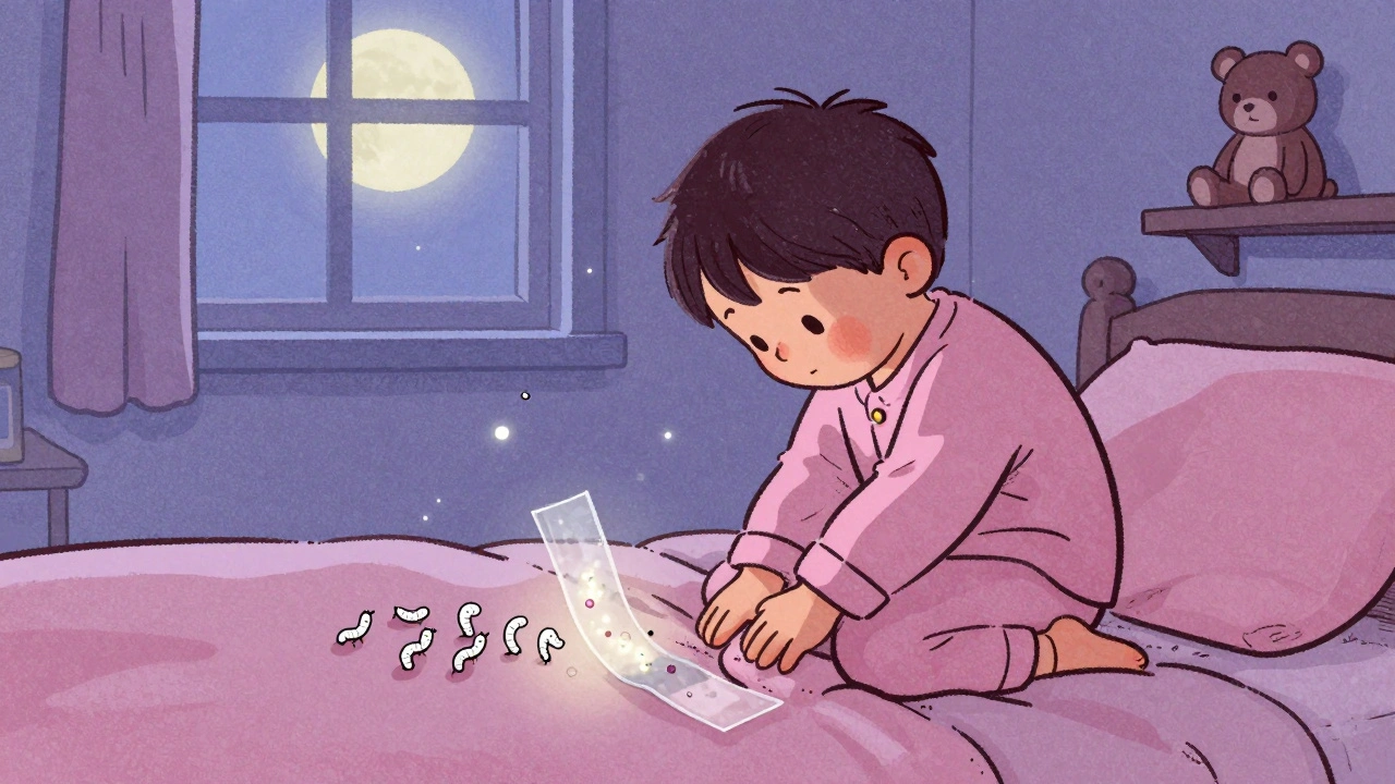 Child scratching at night while pinworms crawl near bed, tape stuck to skin.