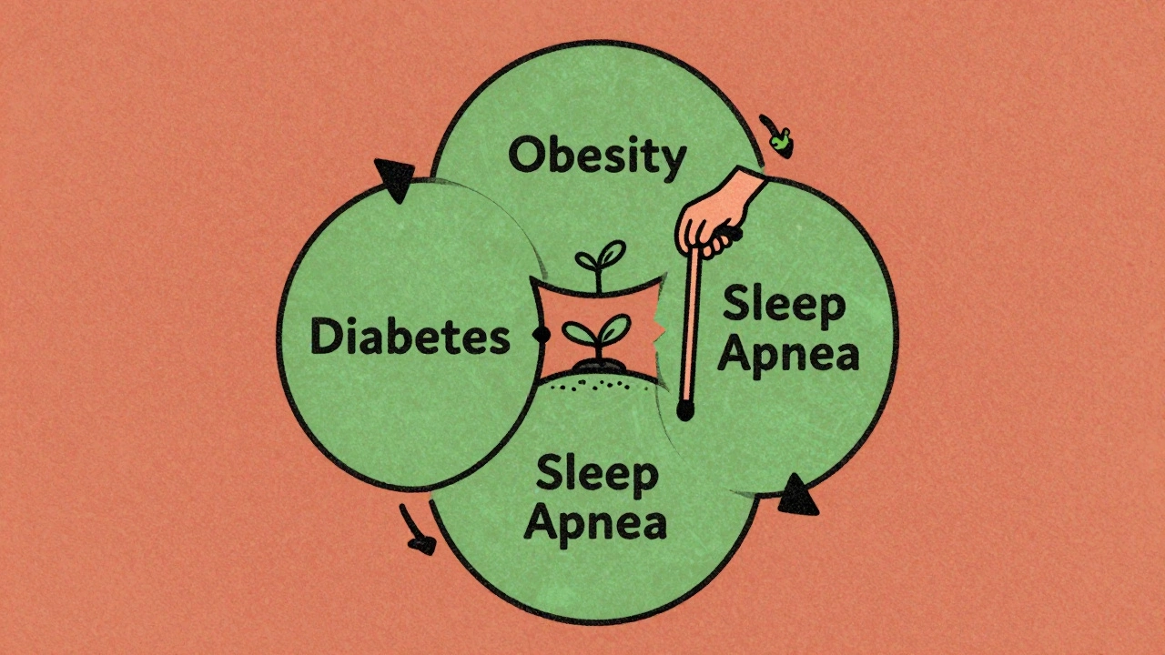 Circular diagram of obesity, diabetes, and sleep apnea cycle with broken arrow replaced by healthy actions in risograph print style.