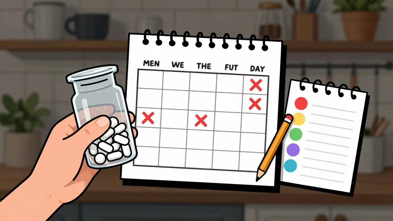 Clear pill bottle with 24 pills left, calendar has red X's and sticker chart nearby.