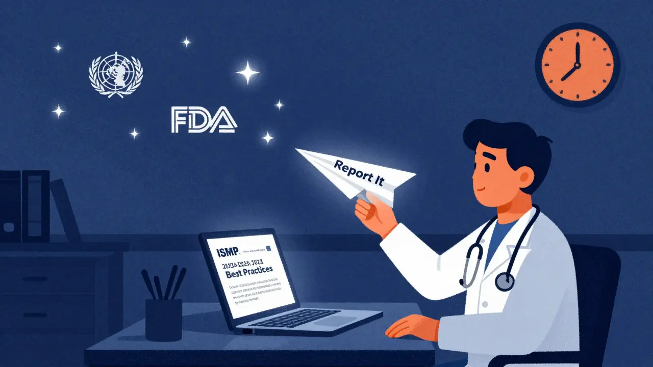 Clinician sending safety report as glowing paper airplane toward global icons