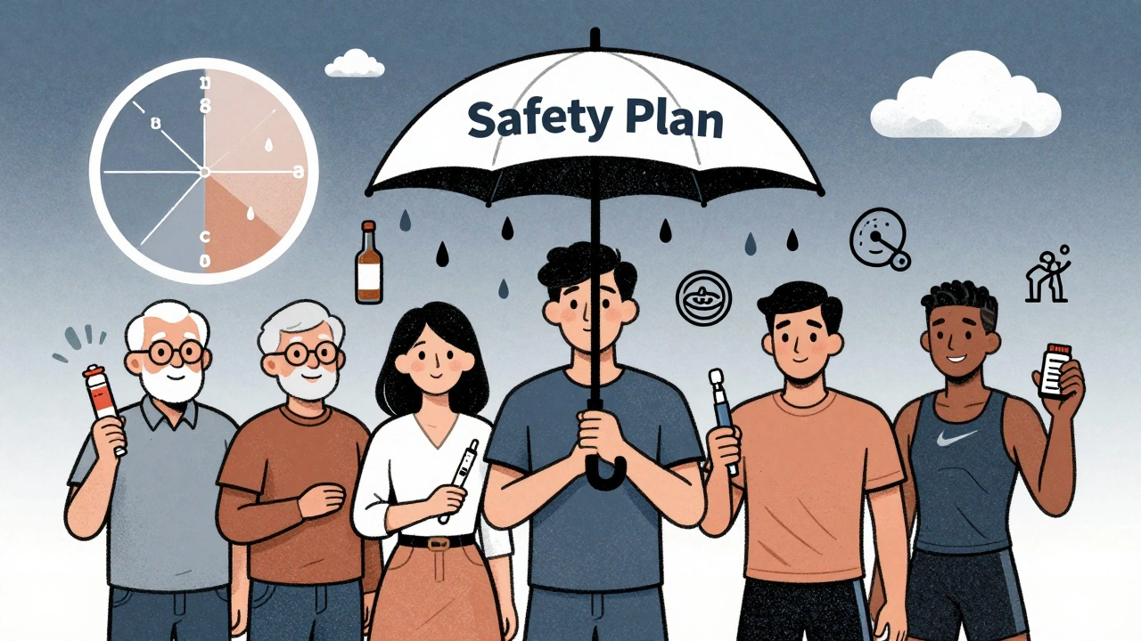 Diverse group holding diabetes safety tools under umbrella, risky behaviors raining above them.