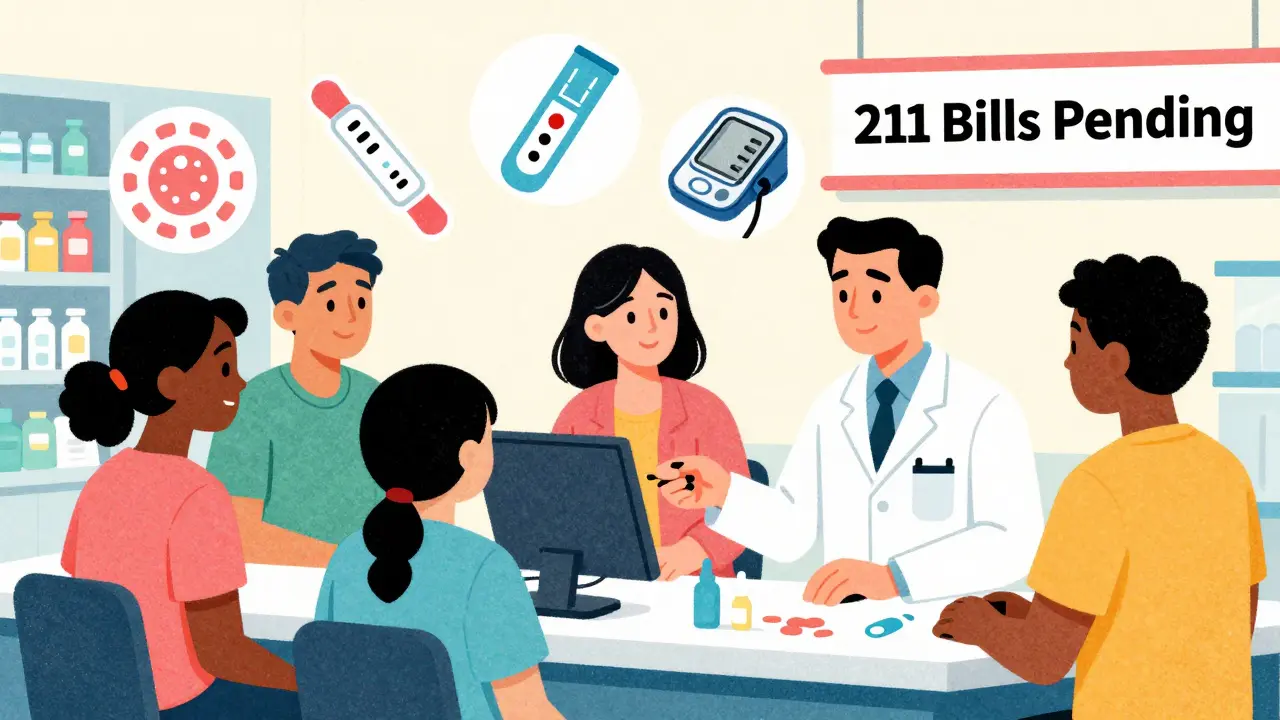 Diverse patients receiving emergency contraception, naloxone, and nicotine patches directly from a pharmacist at a community counter.