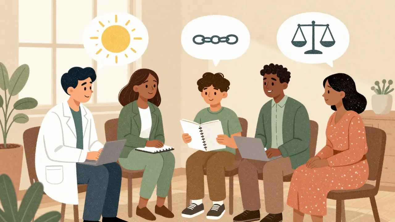 Diverse team supports young person in sunlit room with calming thought bubbles.