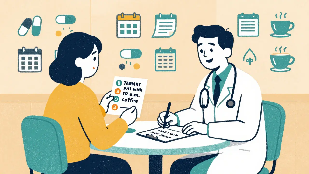 Doctor and patient discuss medication goal using sticker chart and handwritten note.