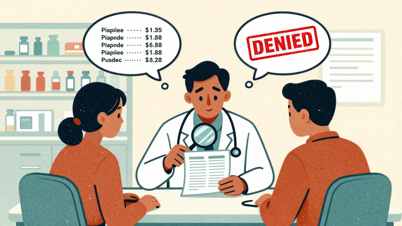 Doctor and patient reviewing formulary list with price comparisons