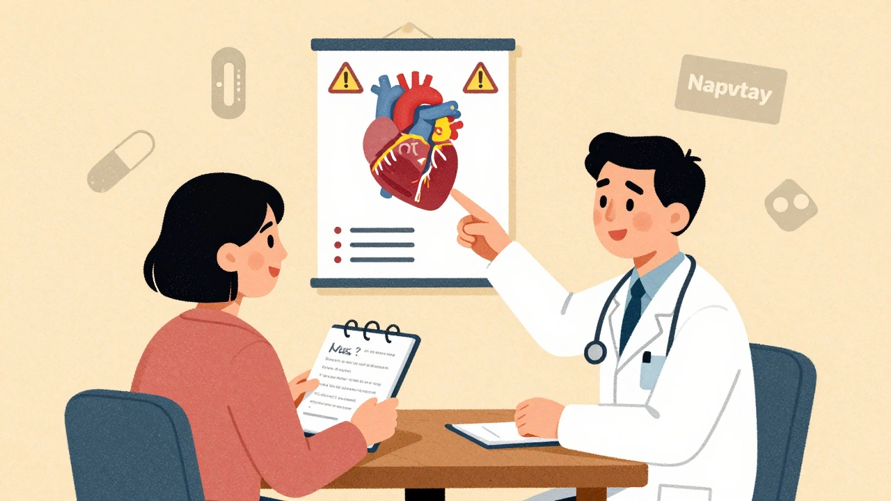 Doctor and patient reviewing heart health poster with non-stimulant medication icons nearby.