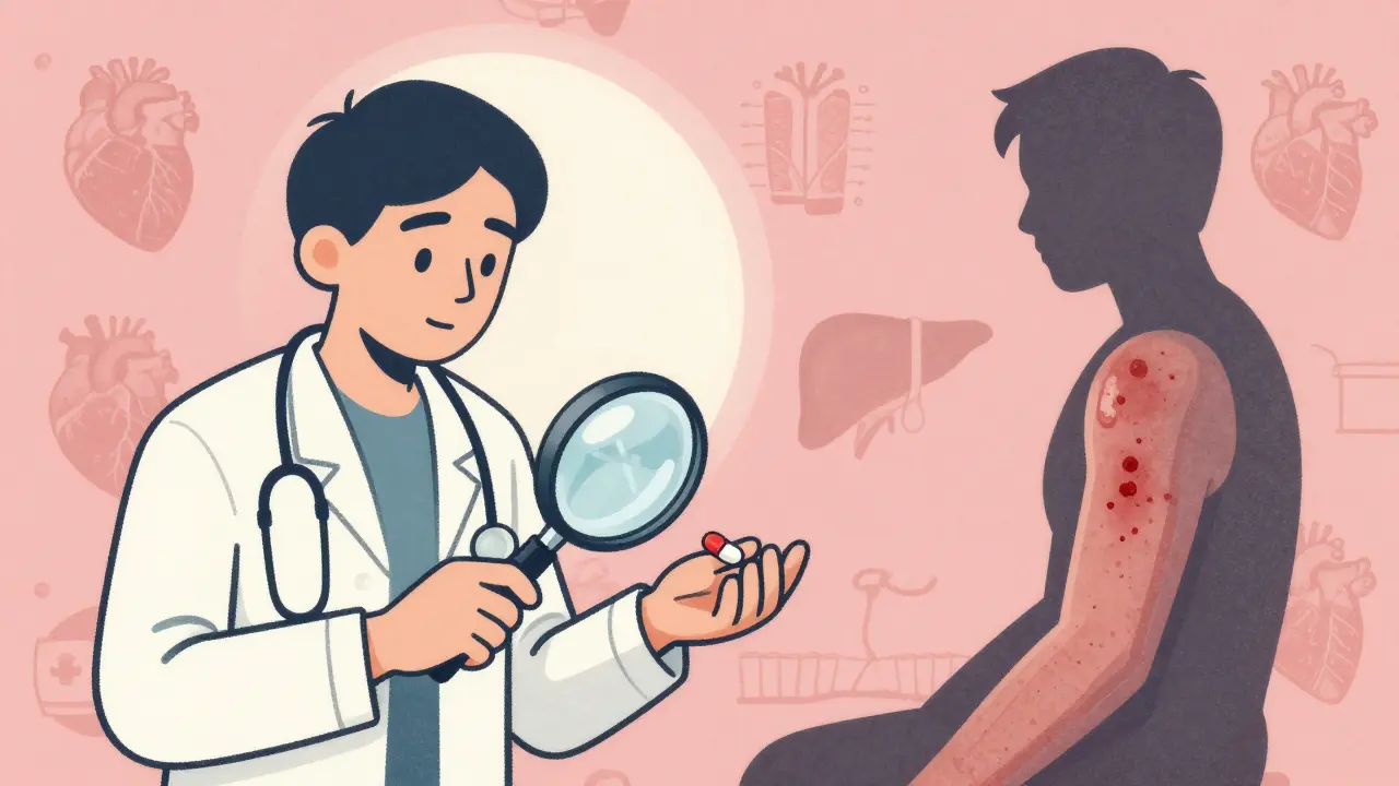 Doctor giving a patient a pill back as the same rash reappears on their leg.