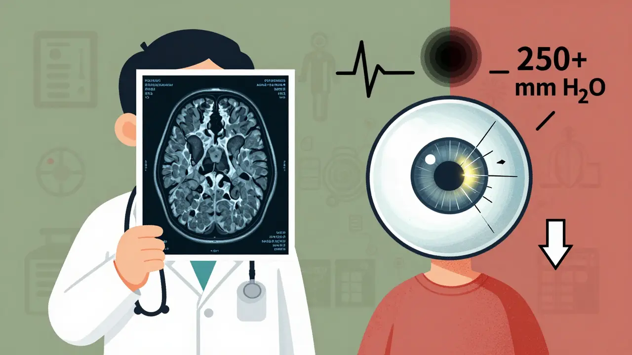 Doctor holding normal MRI while patient's optic nerve swells, medical symbols floating around