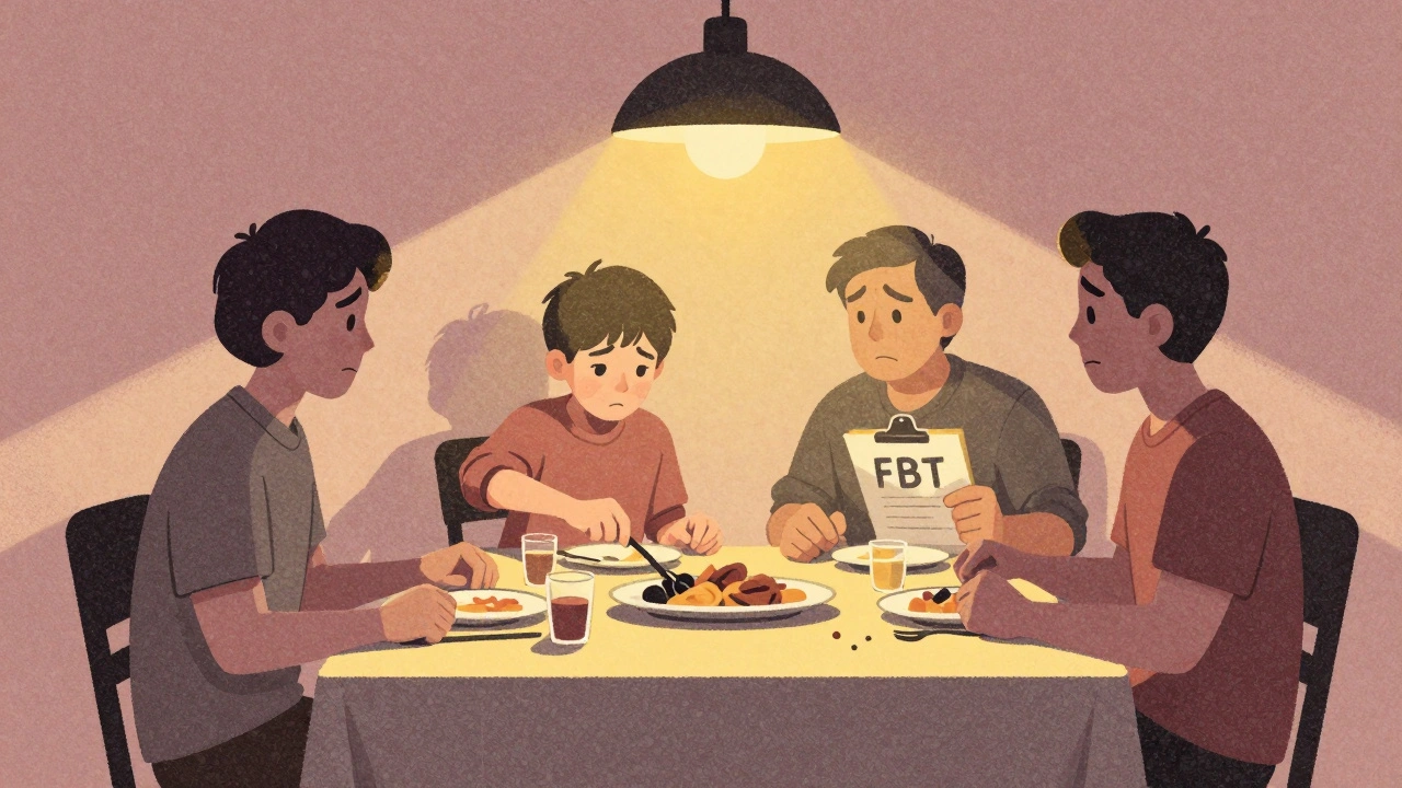 Family at dinner, teen pushing food, parents watching anxiously, warm lighting, FBT clipboard