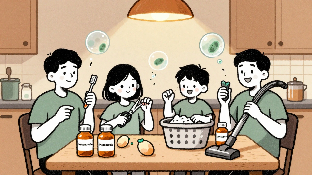 Family taking medication together with hygiene tools, eggs and cysts fading away.