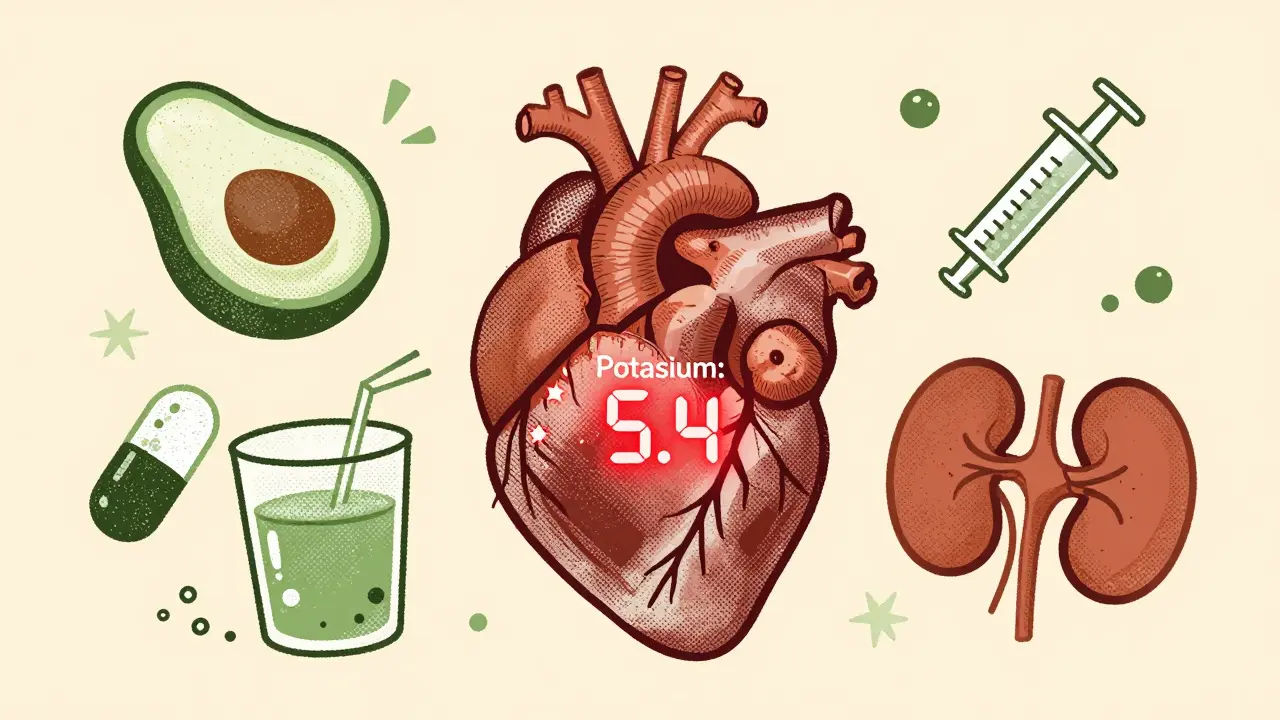 Heart with rising potassium dial surrounded by food and medical symbols
