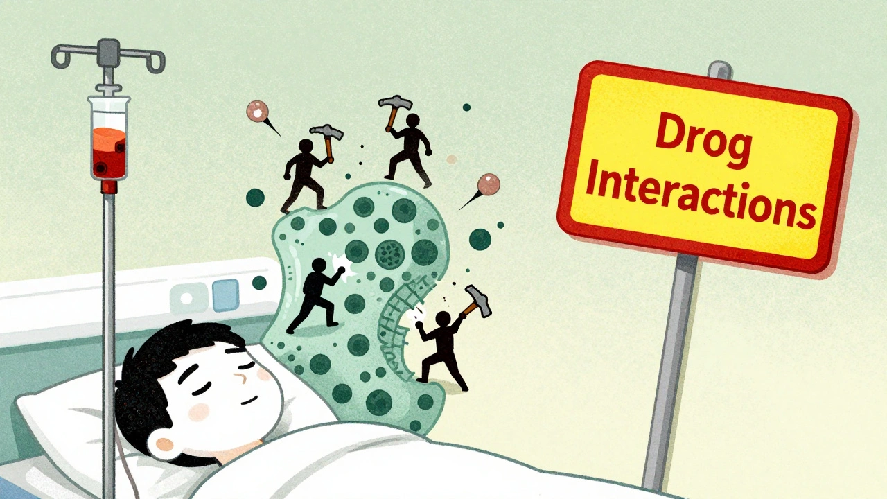 ICU patient receiving echinocandin IV, drug molecules smashing fungal cell walls, warning sign for drug interactions.