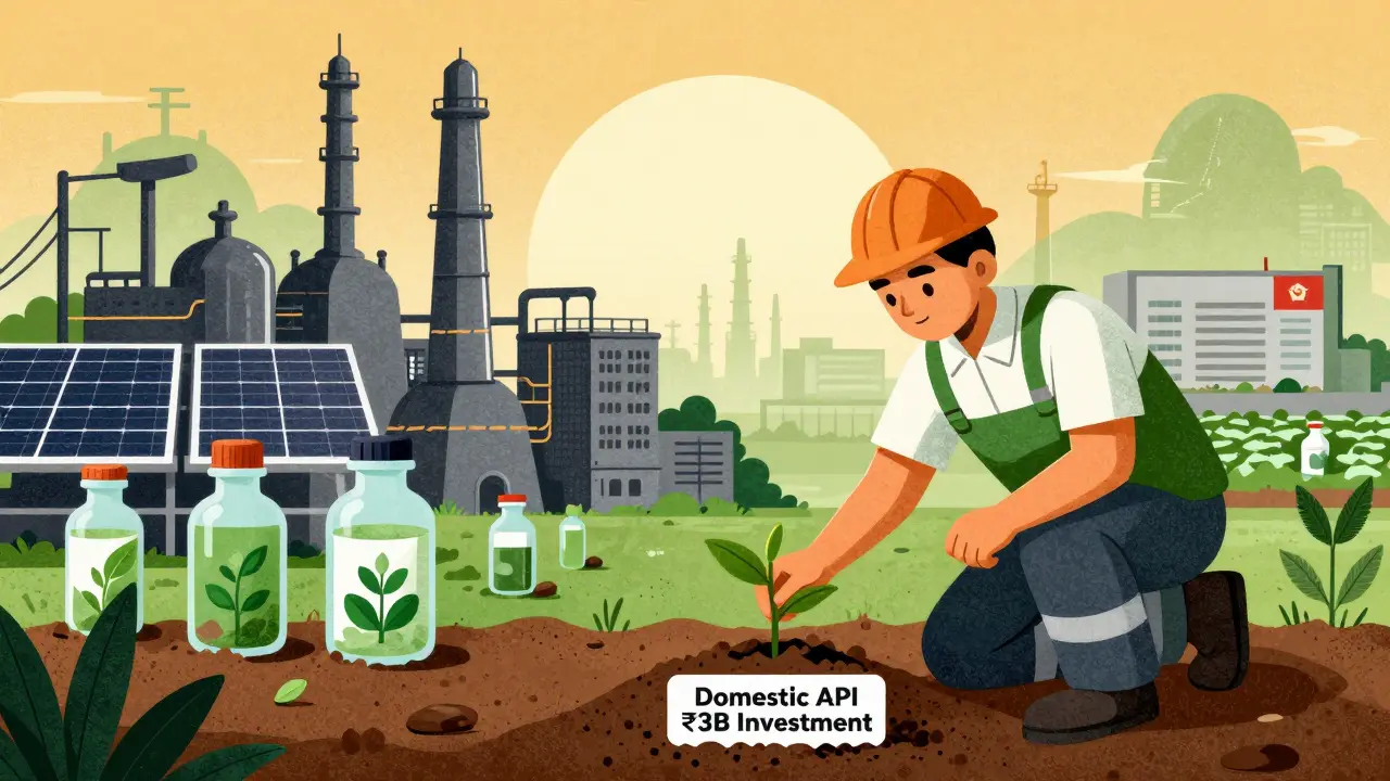 Indian worker planting 'Domestic API' seed as new factories grow, with fading Chinese plant in background.