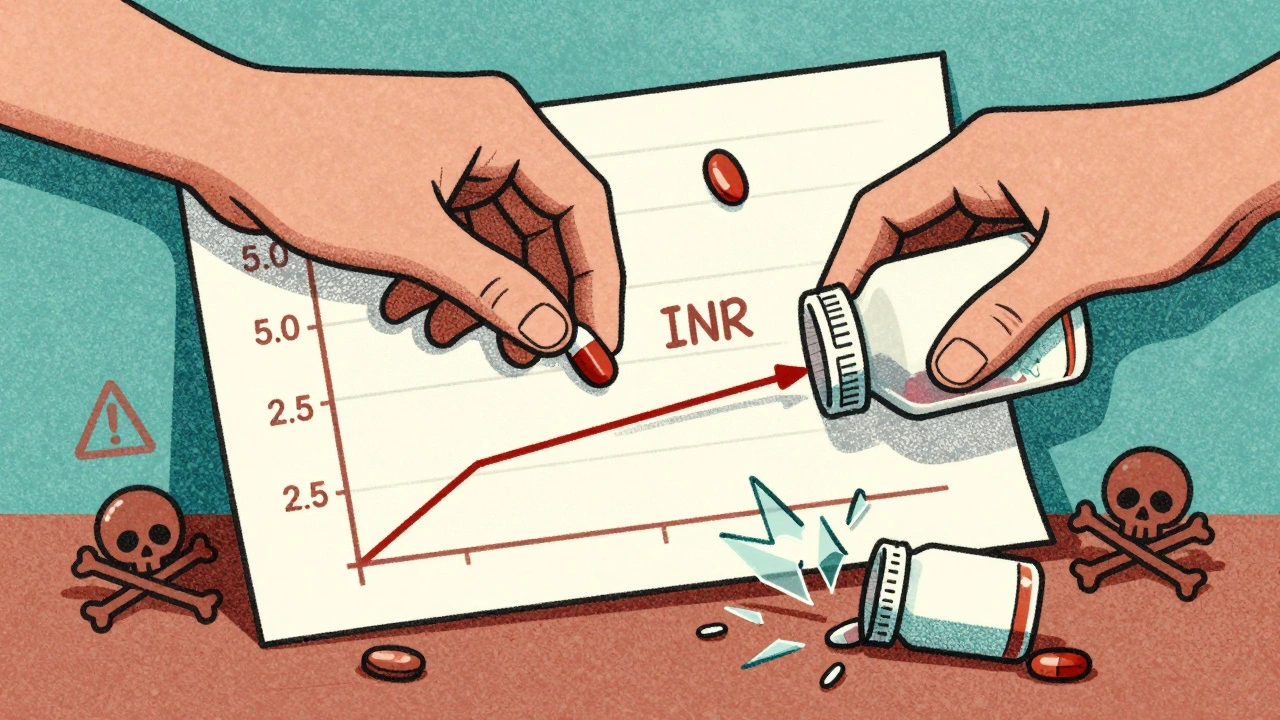 INR chart spiking as warfarin and NSAID bottles collide, platelets knocked out