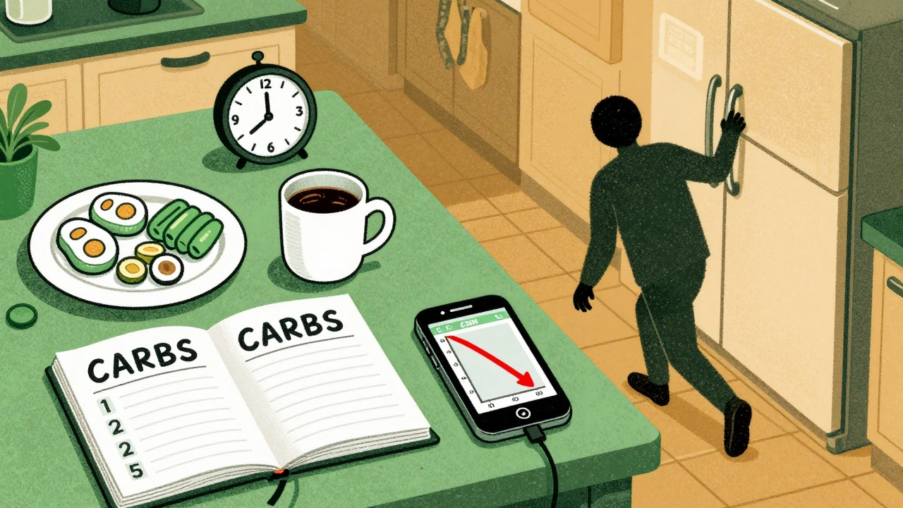 Logbook and measured carbs on counter, CGM graph dropping at 3 a.m., shadowy figure approaching fridge.