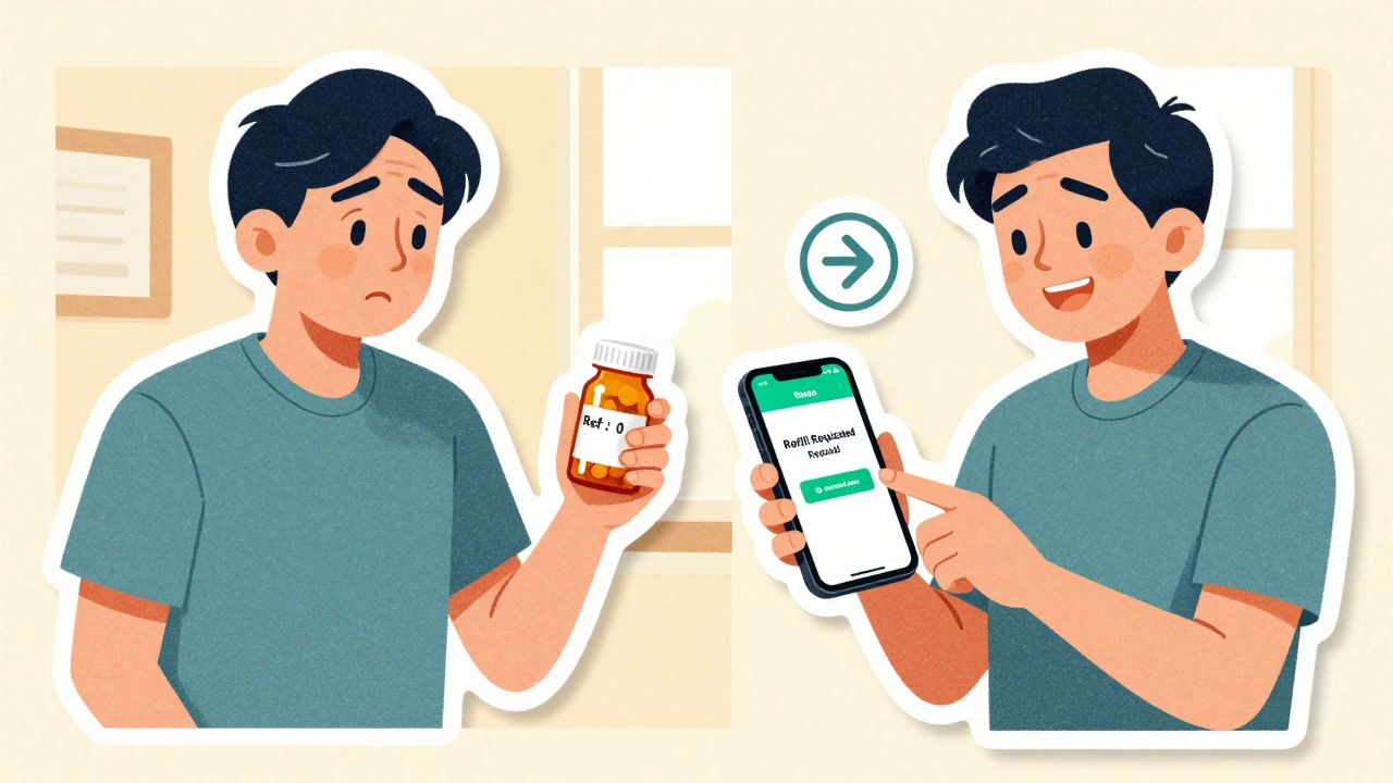 Patient confused by empty bottle vs. same person happily requesting refill via phone app