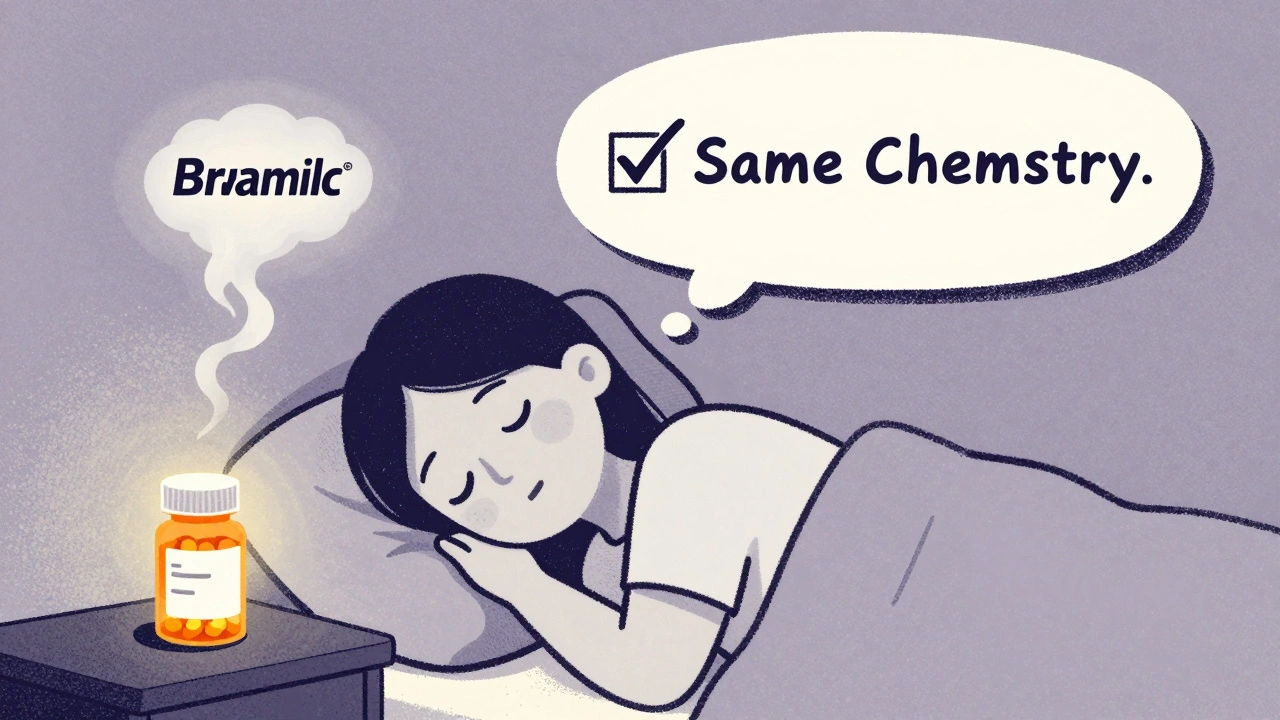 Patient sleeping peacefully with a plain pill bottle on the nightstand, dream bubble showing brand logo fading.